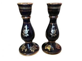 Handmade Dakas Black Ceramic W 24k Gold Candlestick Holders Made In Rhodes, Greece