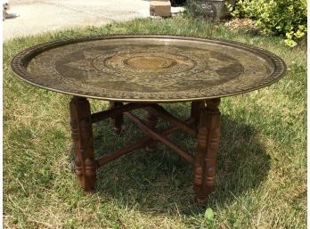 Antique Turkish Brass Charger Tray Table With Wooden Base