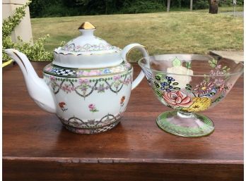 Pretty Floral Teapot And Handpainted Floral Compote