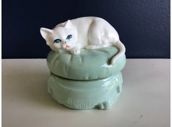 Toyo Ceramic Box With Cat On Mint Green Cushion, Japan