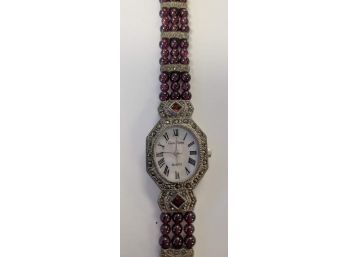 Ladies Marcasite Style Watch With Garnet Beads In The Bracelet