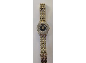 Ladies Elgin Gold Tone Bracelet Watch W/black Face And Rhinestones