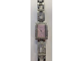 Ladies Silver Tone Bracelet Watch With Rhinestones And Pink Face