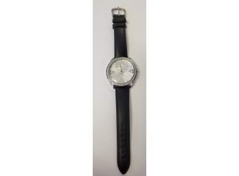Ladies Silver Tone Guess Watch With Black Leather Strap