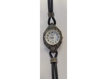 Ladies Sterling Silver Marcasite Watch With Black Rubber Band