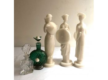 Carved Stone Figurines & Pair Of Vintage Perfume Bottles