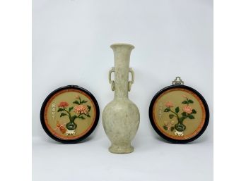 Stoneware Vase & Pair Of Asian Art Plaques