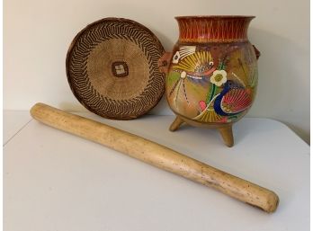 Eclectic Pottery, Woven Tray & Rain Stick