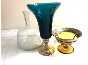 Turquoise Glass Trumpet Vase With Gorham Sterling Base & Other Decoratives