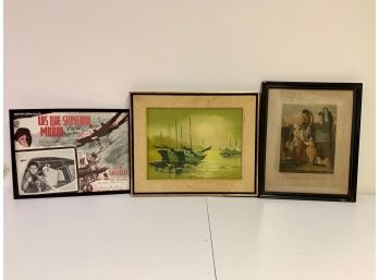 Vintage Wall Art Trio Including Warner Brothers Advertising Print & More