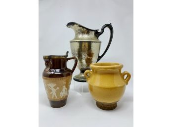 Hammered Metal Ewer & Pottery Trio