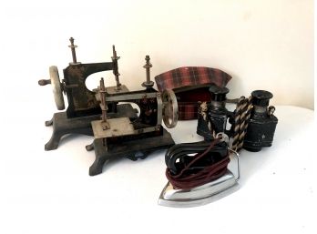 Vintage Small Scale Sewing Machines, Travel Iron & Binoculars