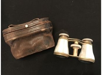 Antique La Favorite Paris Brass With Mother Of Pearl Opera Glasses In Original Leather Case