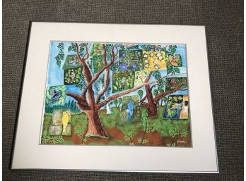 J. Nathan Signed Print Folk Art  In Silver Metal Frame