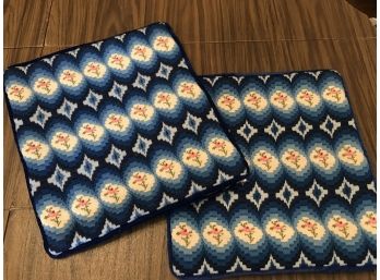 Pair Of Handcrafted Needlepoint Pillow Covers - Blue Velvet Back  14'