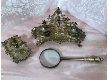 Mid 19th Century Antique Victorian Style Bronze Ink Well Desk Set, Blotter &  Brass Magnifying Glass