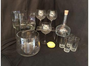 10 PC Glassware Lot - Decanter, Wine Glasses, Truffle Bowl, Square Vase