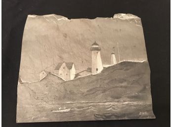 Kennebunk Maine Etched Slate  Art- Lighthouse & Boat - Signed Emil