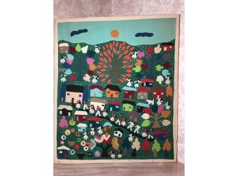 Large Peruvian Folk Art Hand Stitched Appliqu Fabric Wall Art Mounted On Wooden Frame - 35x41