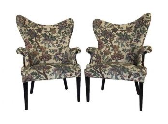 Pair Of Matching Upholstered High-Backed Arm Chairs