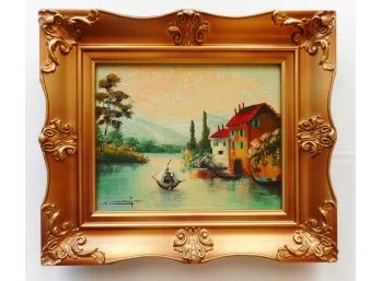 Listed Artist Joseph Collazzi (1914-1989) Landscape Houses Along River With Boats Oil Painting