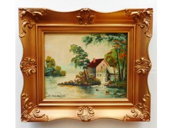 Listed Artist Joseph Collazzi (1914-1989) Landscape Mill Along River Oil Painting