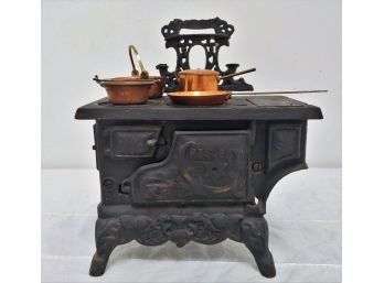 Vintage Crescent Cast Iron Wood Stove Salesman Sample With Copper Accessories