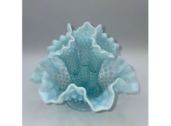 Fenton Art Glass Blue Opalescent Hobnail 3 Horn Epergne