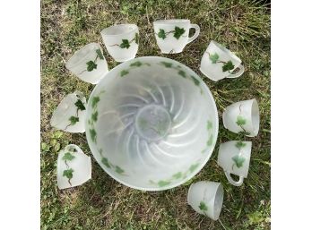 Federal Glass Ivy Frosted Glass Punchbowl And Cups