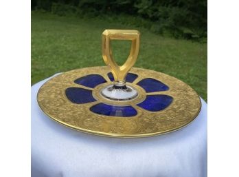 Gorgeous Cobalt And Gold Tidbit Tray With Handle