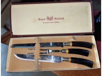 Beautiful Vintage New Regent Sheffield Antler Handle Carving Set In Box