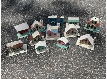 Twelve Antique Cardboard Glitter Village Ornaments For Lights Made In Japan