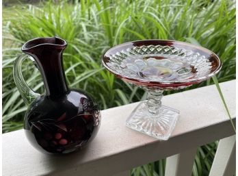 Elegant Red Glass Thumprint Candy Dish And Cut To Clear Cruet