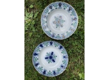 Pair Of Gorgeous Glencoe Antique Flow Blue Low Flat Rim Soup Bowls Bursalem England C 1850s