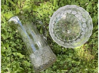 Antique Heavy Crystal Etched Pitcher And Round Glass Raspberry Bowl