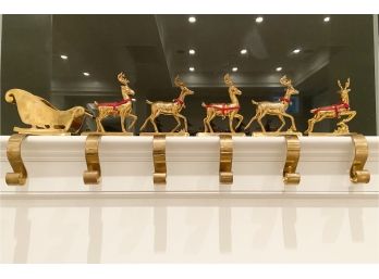 Set Of Brass Reindeer And Sleigh Stocking Hangers