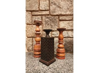 Trio Mixed Wood Carved Candle Holders