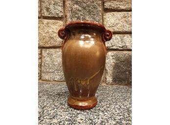Glazed Brown Scroll Handled Vase