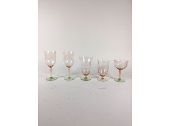 Large Set Of Pink And Green Etched Glass Wine Glasses