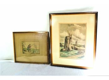 Two Antique Prints Windwill And 'swallowing The Bait' Framed