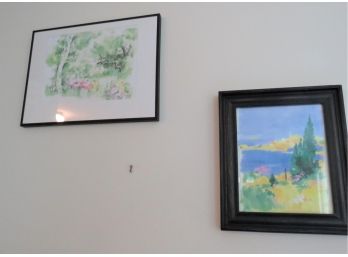 2 Framed Original Watercolors Seaside And Abstract Trees