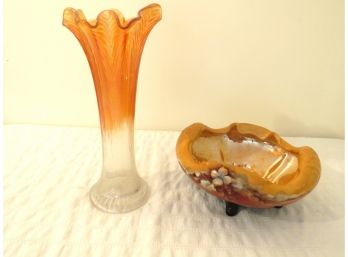 Marigold Carnival Glass Vase And European Bowl