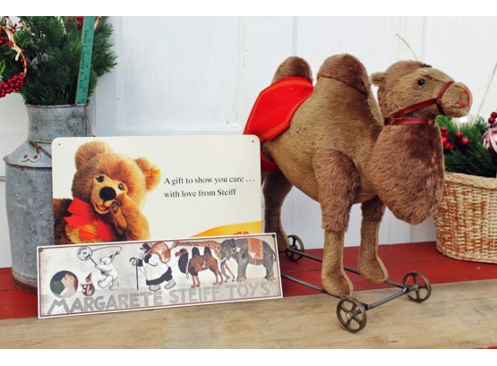 Steiff Camel On Brass Wheels AND Vintage Enamel Steiff Display Signs