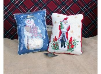 Christopher Radko Needlepoint Pillows - Blue Snowman And Santa