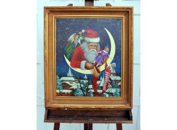 Framed Oil On Canvas Sparkly Santa On Moon By Christopher Radko