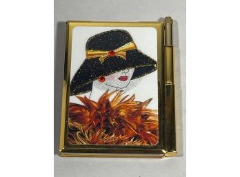 1980s Gilt Metal Enamel Ladies Note Pad W Pen Woman In Hat