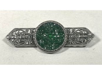 Art Deco Sterling Silver Marcasite Green Onyx Carved Brooch