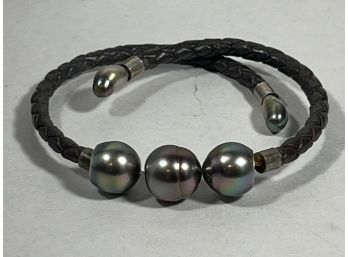 Woven Leather Sterling Silver & Large Pearl Bracelet