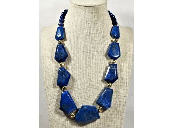 Signed 'LS' Gold Tone Genuine Lapis Stone Geometric Necklace