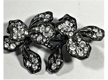 Signed Kenneth Lane Rhinestone Brooch In Black Flowers